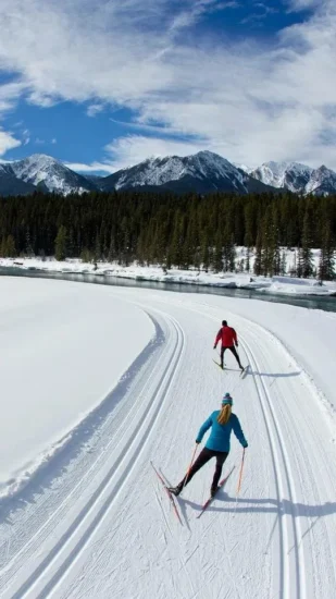 Piste de ski avec des skieurs près du Parc des Monts-Valin, parfait pour les groupes séjournant à l’Hôtel La Saguenéenne.