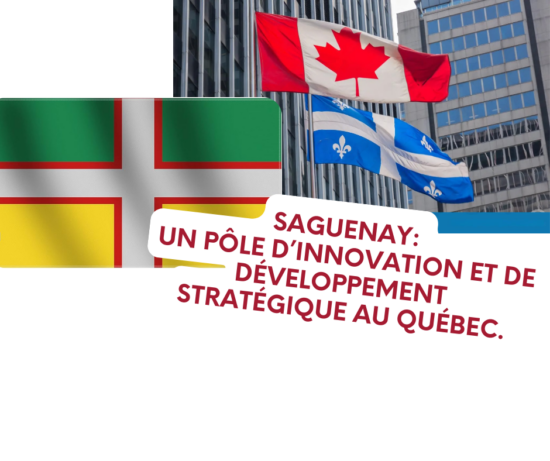 Flags du Canada, du Québec et de Saguenay devant un bâtiment officiel, illustrant le rôle stratégique de Saguenay dans l’innovation et le développement économique.