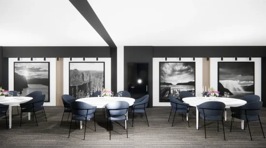 Design 3D de la salle Le fjord montrant des tables rondes et des chaises.