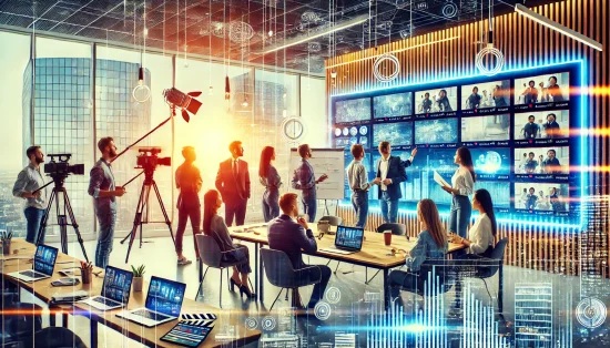 Équipe en réunion pour planifier une vidéo d'entreprise, un outil puissant pour renforcer la notoriété de la marque et établir une connexion avec l'audience