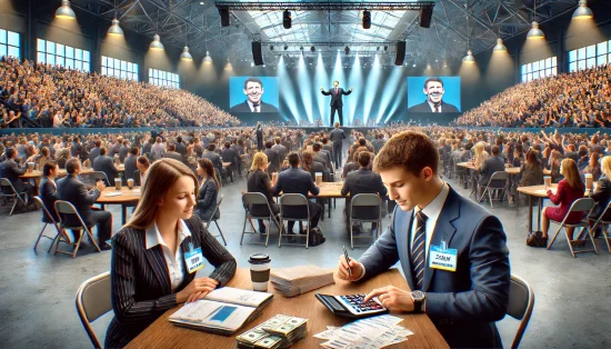 Conférence professionnelle avec un large public, deux participants discutant des données sur un événement.