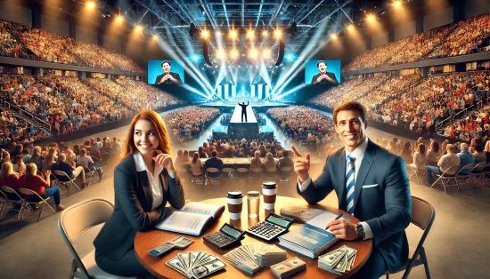 Groupe de professionnels discutant de l'organisation d'événements dans une salle de conférence spacieuse au design élégant et à l'ambiance moderne.