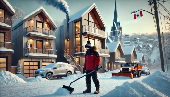 Paysage hivernal à Saguenay avec des maisons enneigées et des habitants profitant des loisirs d’hiver, à proximité de l’hôtel La Sagueneenne.