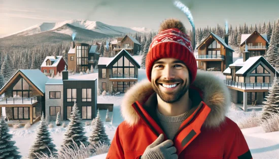 "Habitants de Saguenay déblayant la neige avec sourire et bonne humeur sous un ciel hivernal.