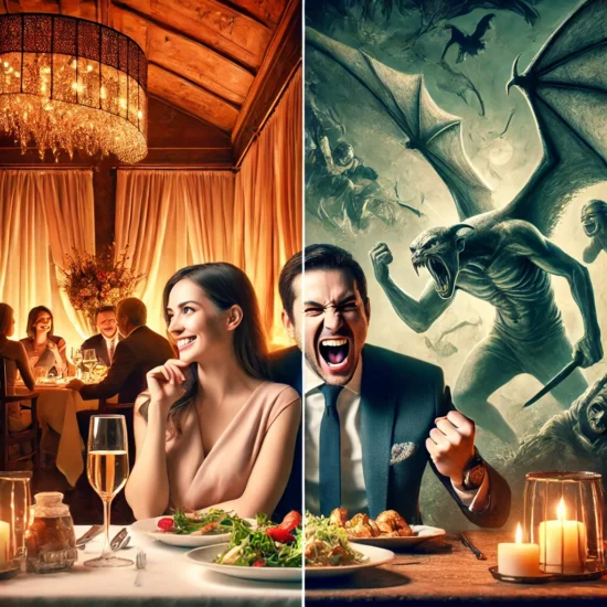 Dîner convivial dans un restaurant à Saguenay avec des plats savoureux et une ambiance festive