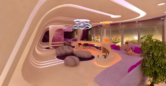 Chambre futuriste équipée de technologies IA dans un hôtel intelligent, illustrant l'hôtellerie du futur et le confort personnalisé.