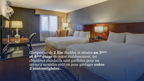 Chambre standard avec 2 lits doubles à l’Hôtel La Saguenéenne, idéale pour un séjour économique ou pour partager entre motoneigistes.