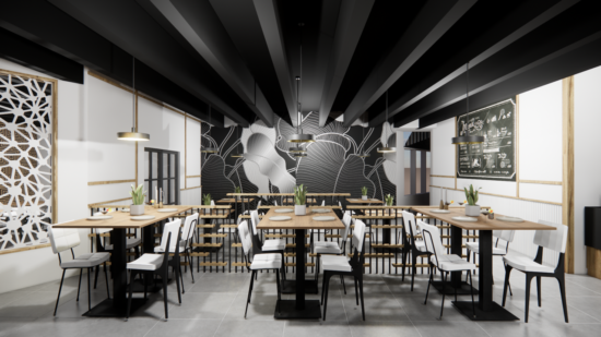 Intérieur du restaurant Tomahawk Grill Saguenay avec un espace bar élégant et une ambiance chaleureuse, idéal pour savourer des viandes grillées et des poissons frais.