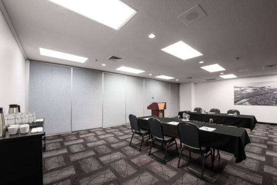 A modern and intimate meeting room in Saguenay, set up in a U-shape with a presentation screen and comfortable seating.